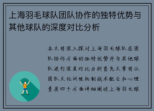 上海羽毛球队团队协作的独特优势与其他球队的深度对比分析